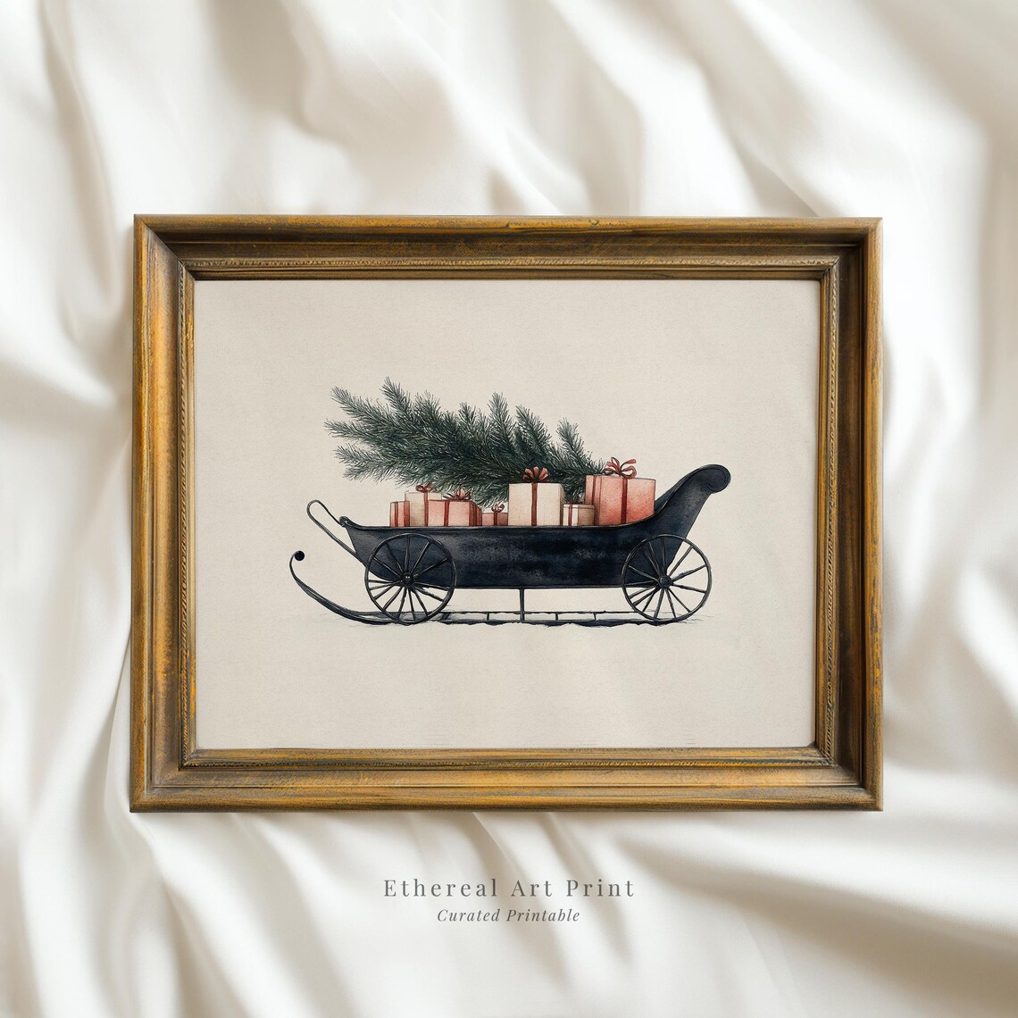 Vintage Sleigh With Christmas Tree And Gifts Neutral Holiday Print