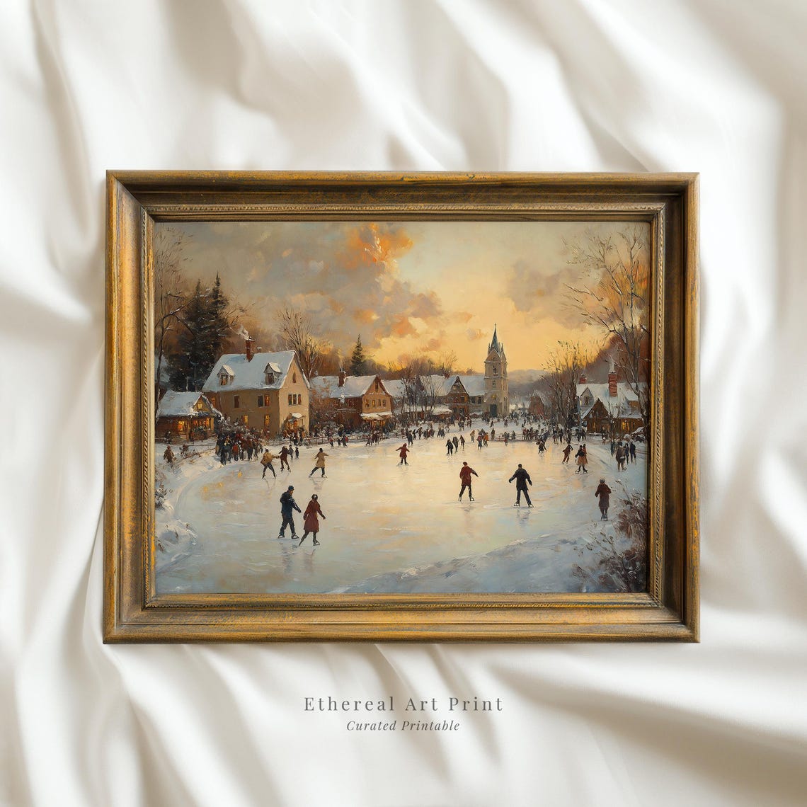 Winter Village Ice Skating At Sunset Vintage Holiday Scene Print