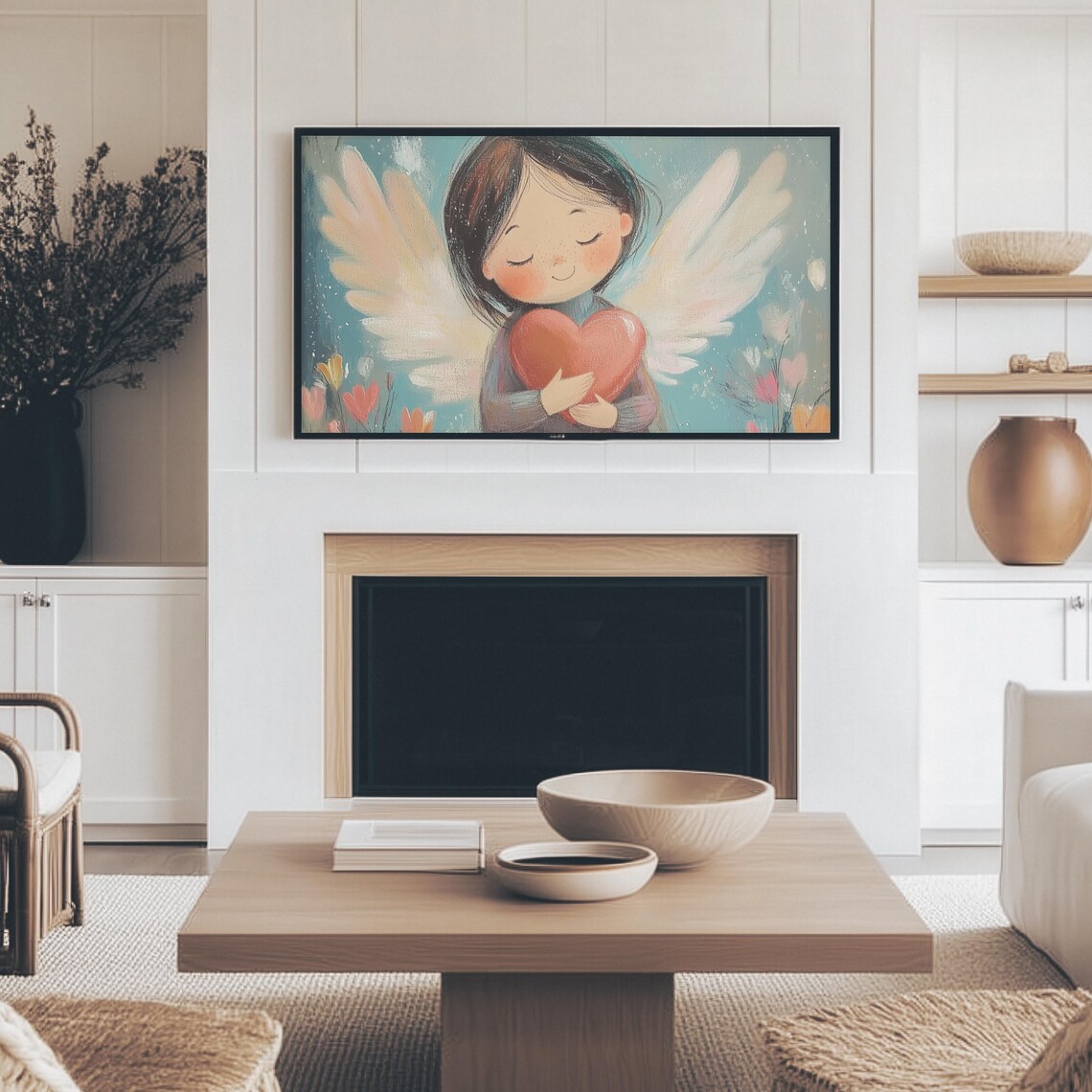 Whimsical Cupid Angel Girl Holding Red Heart Tulip Meadow Art Print - Image 3