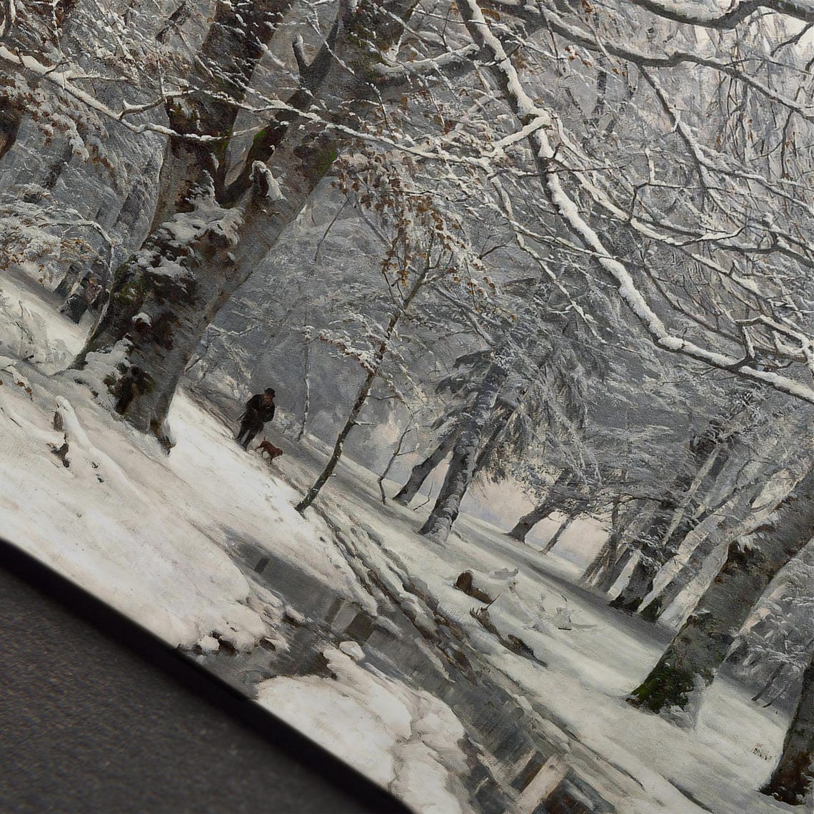 Serene Snowy Forest Path With Stream Vintage Winter Oil Painting Print - Image 4