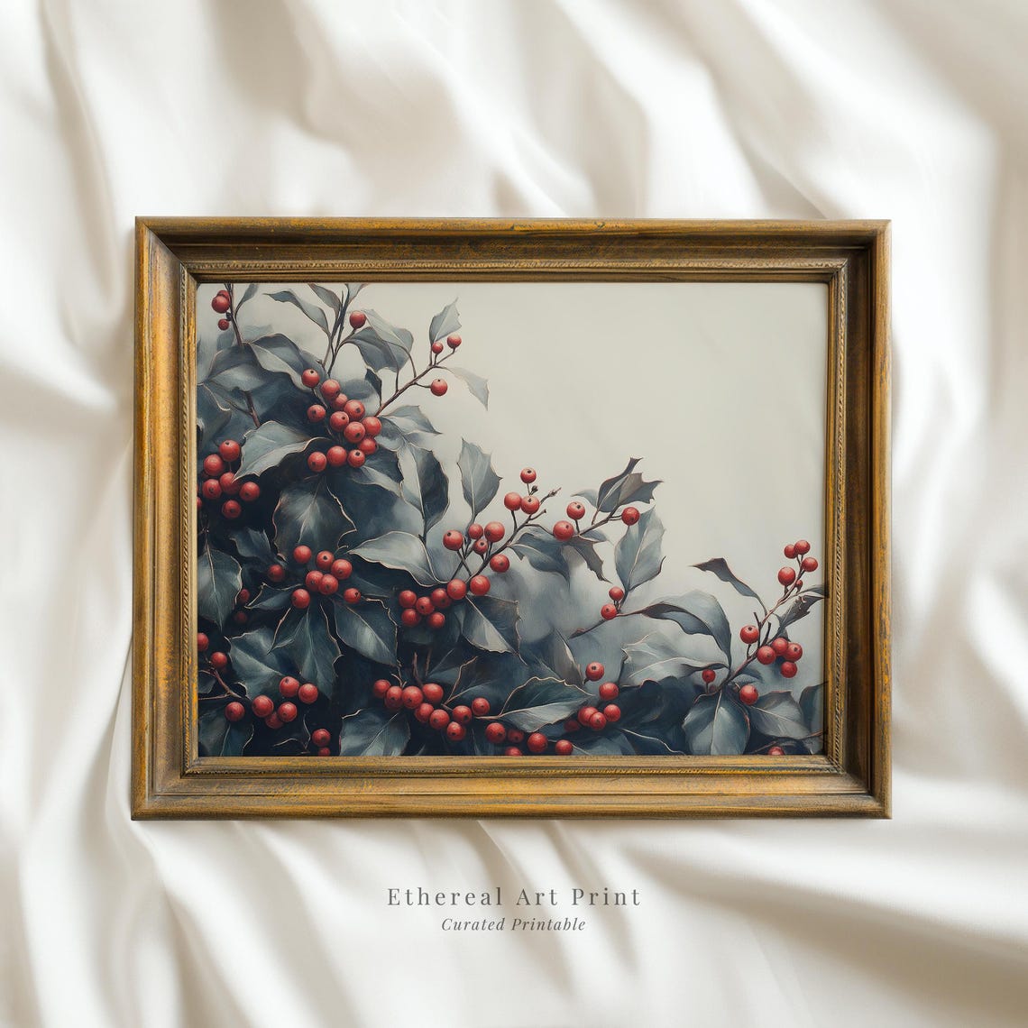 Red Holly Berries Watercolor Botanical Winter Wall Art Print