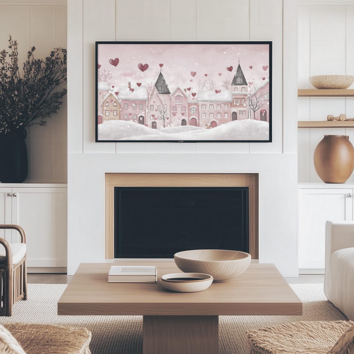Pink Snowy Village Hearts Romantic Valentines Day Tv Art Print - Image 4