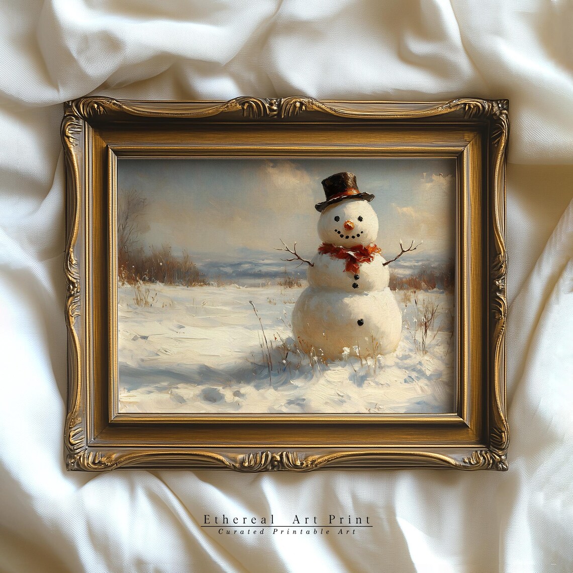 Vintage Snowman Top Hat Scarf Snowy Field Winter Painting Print - Image 2