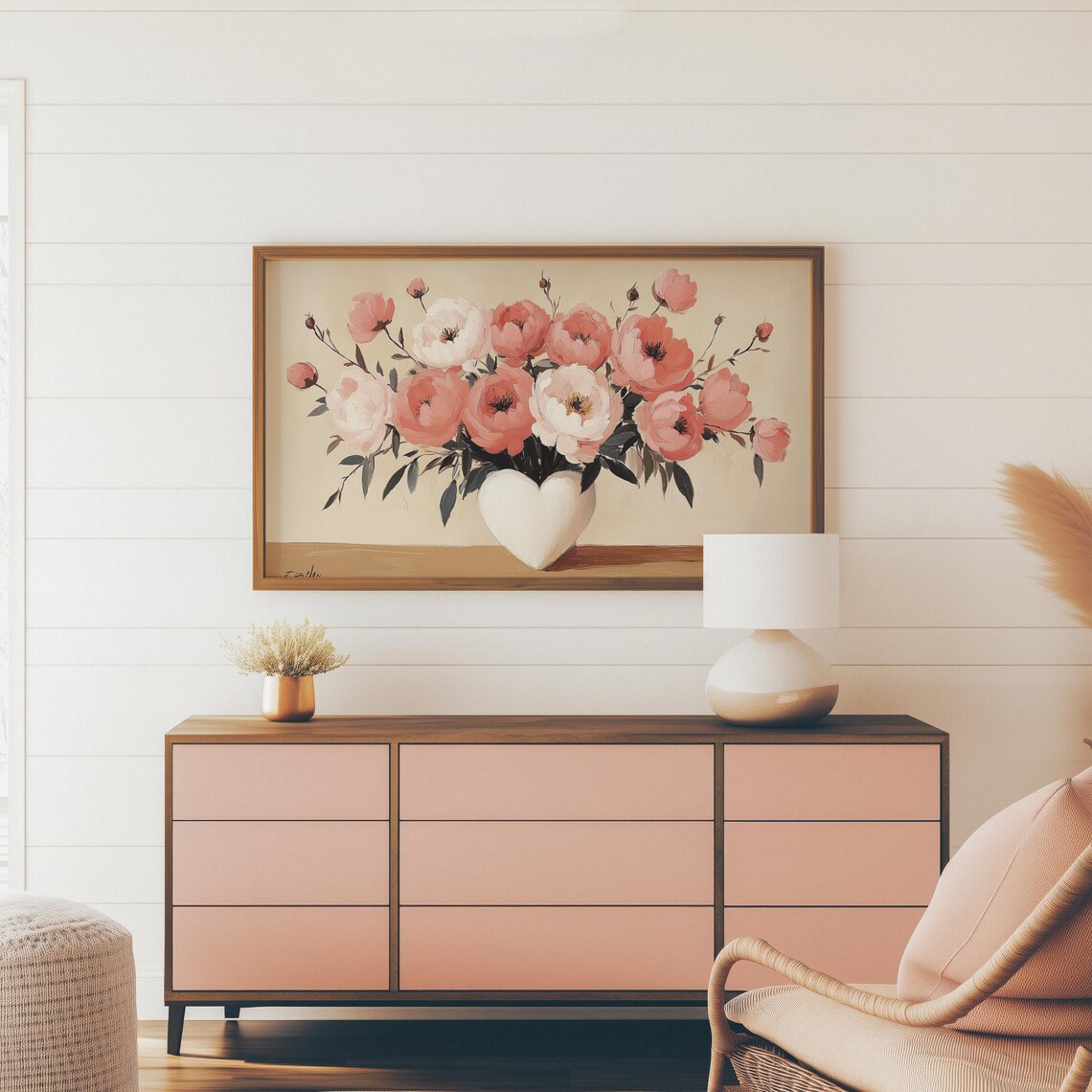 Coral Pink Peonies In White Heart Vase Botanical Painting Wall Art - Image 4