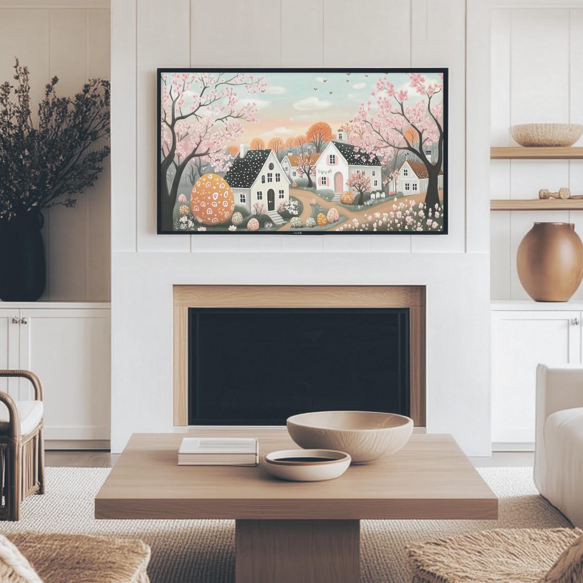 Cherry Blossom Village With Decorated Easter Eggs Spring Folk Wall Art - Image 4