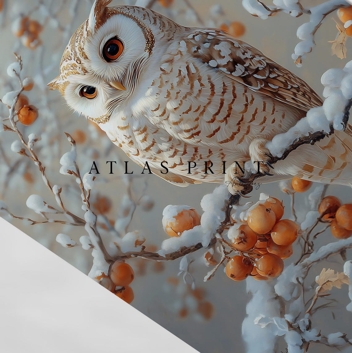 White Owl Snowy Branch Winter Berries Wildlife Portrait Wall Art - Image 4