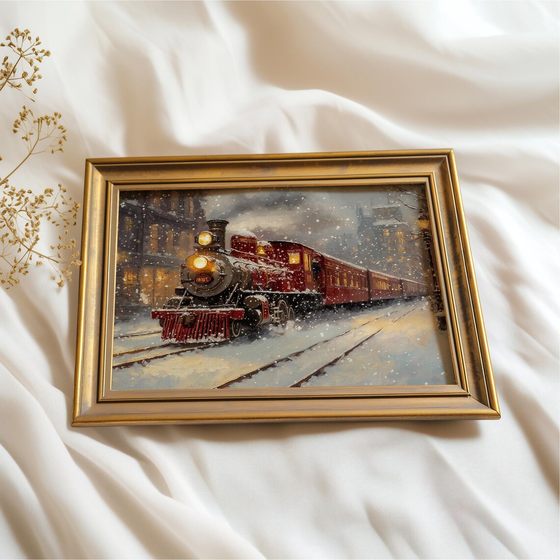Red Steam Train Snowy Night City Street Vintage Christmas Print - Image 3