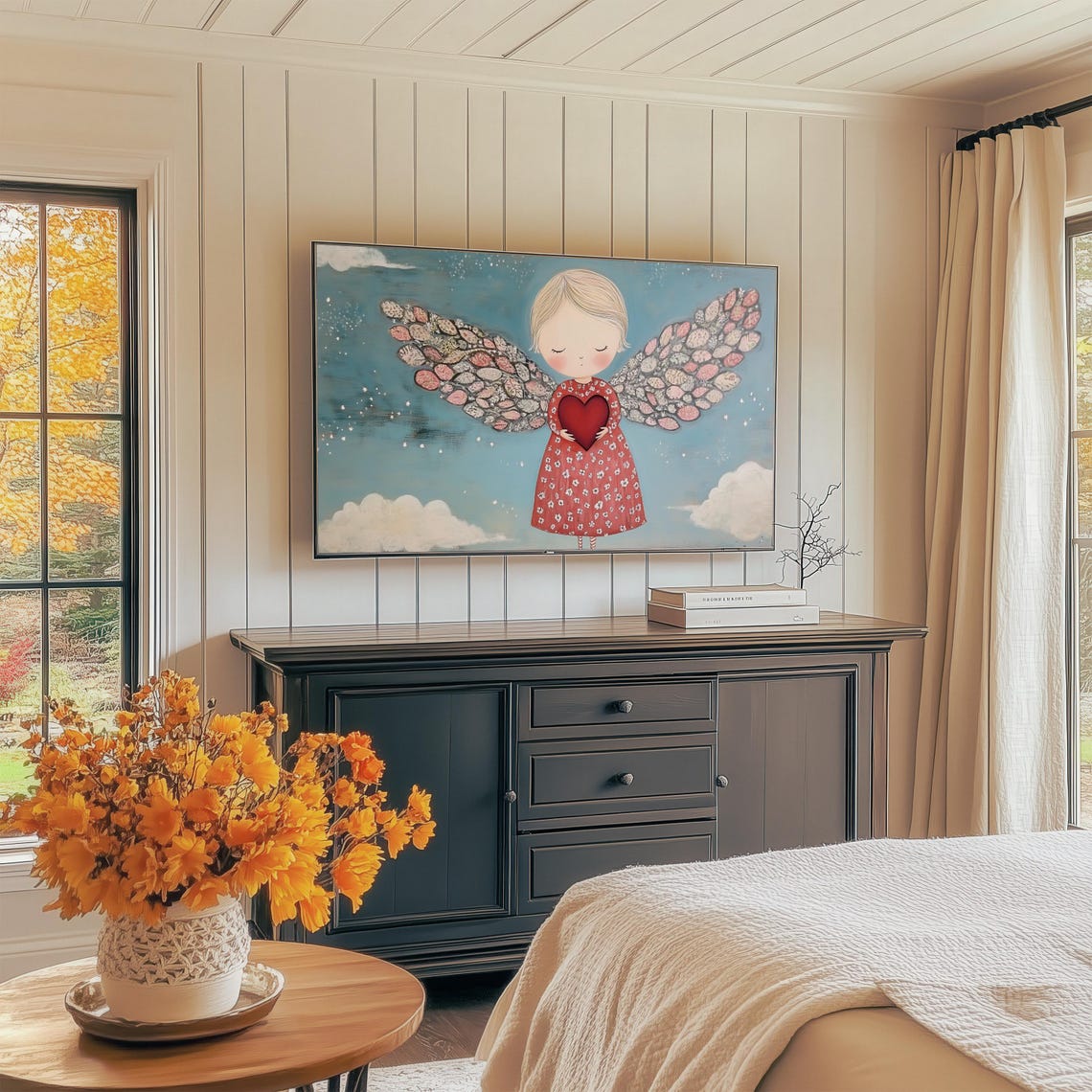 Blonde Angel in Red Dress With Leaf Wings Starry Night Art Print - Image 2