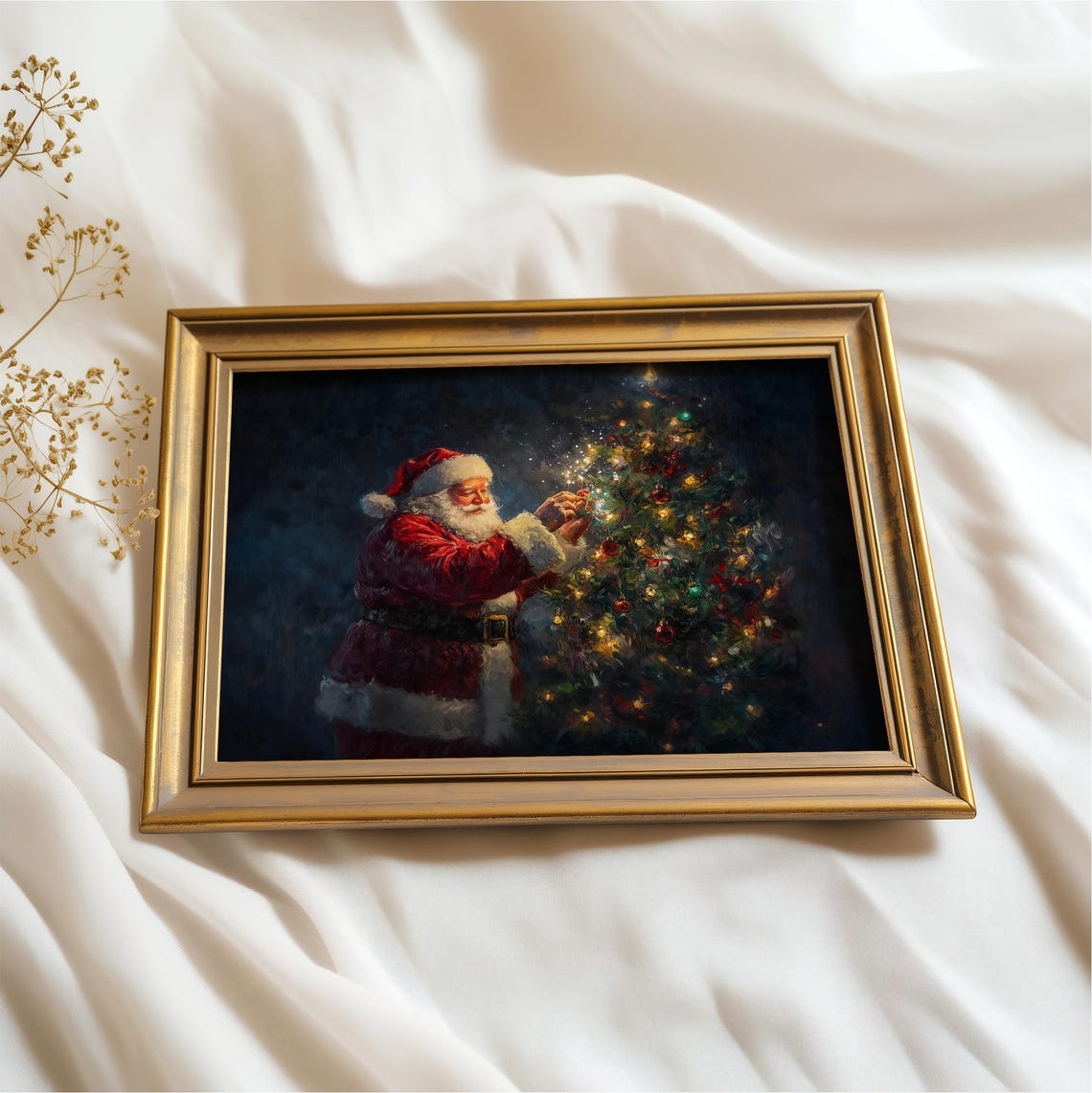 Santa Claus Decorating Christmas Tree Night Oil Painting Wall Art - Image 2