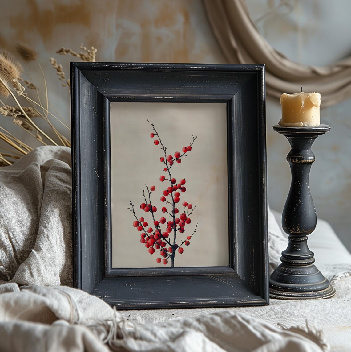 Minimalist Red Winterberry Branch Botanical Watercolor Art Print - Image 3