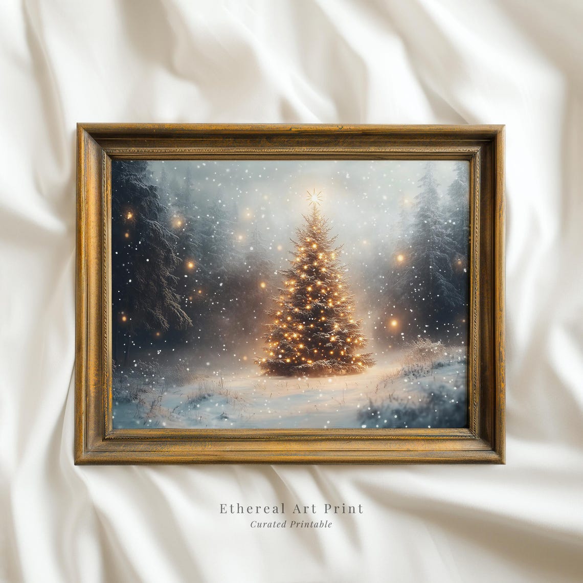 Lit Christmas Tree In Misty Snowy Winter Forest Morning Art Poster