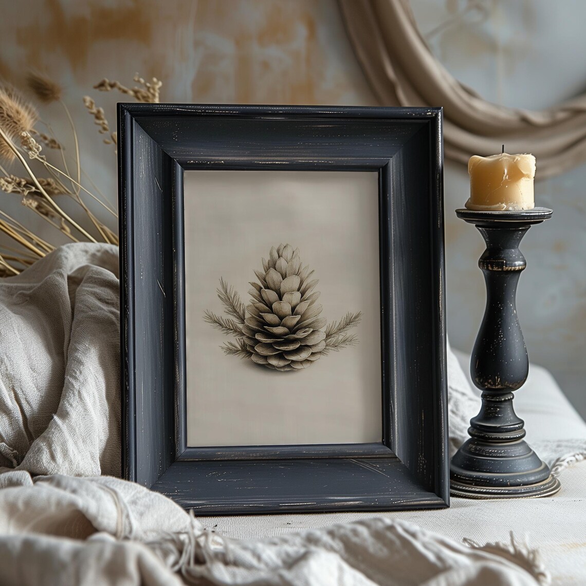 Pine Cone Pencil Sketch Vintage Botanical Winter Drawing Art Print - Image 2