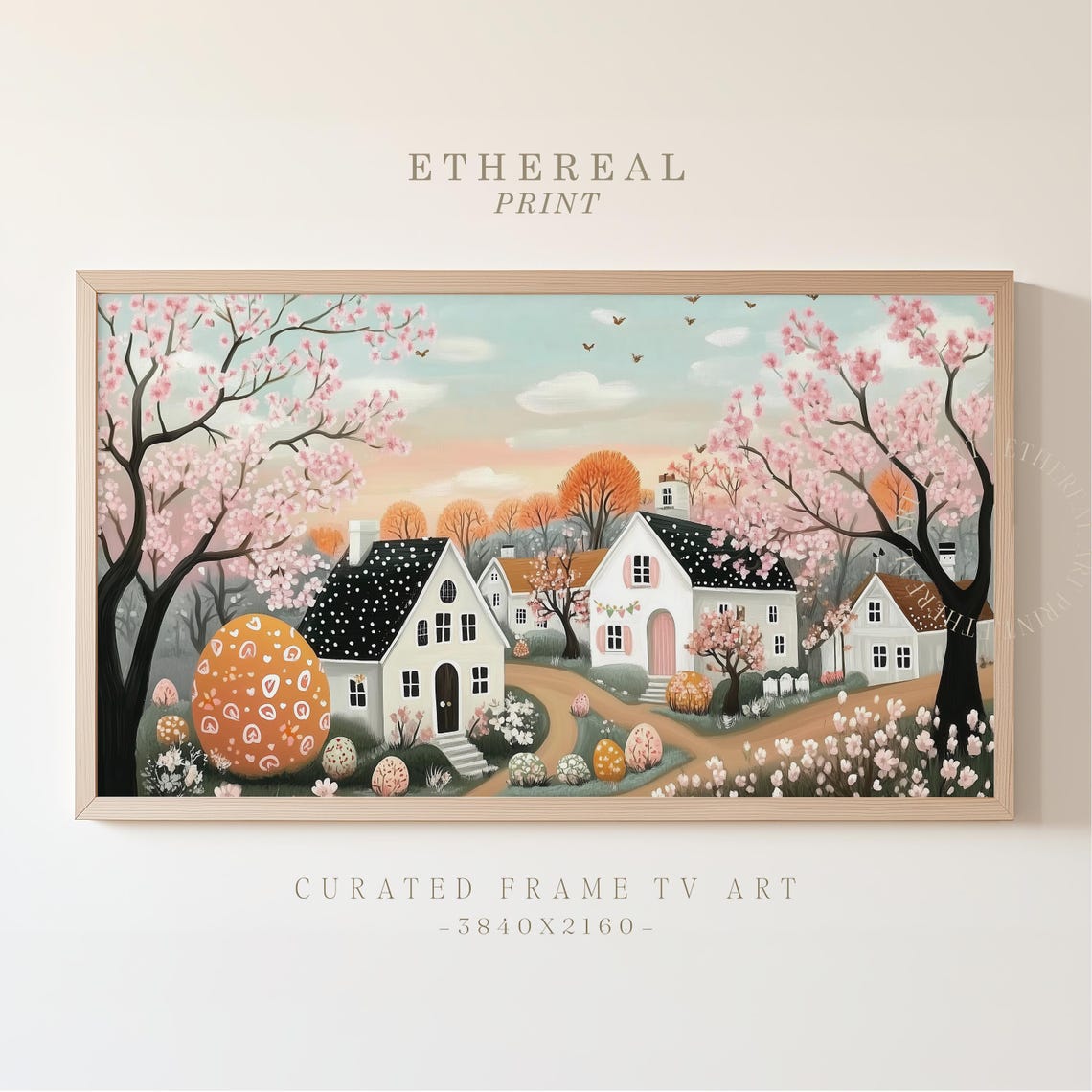 Cherry Blossom Village With Decorated Easter Eggs Spring Folk Wall Art