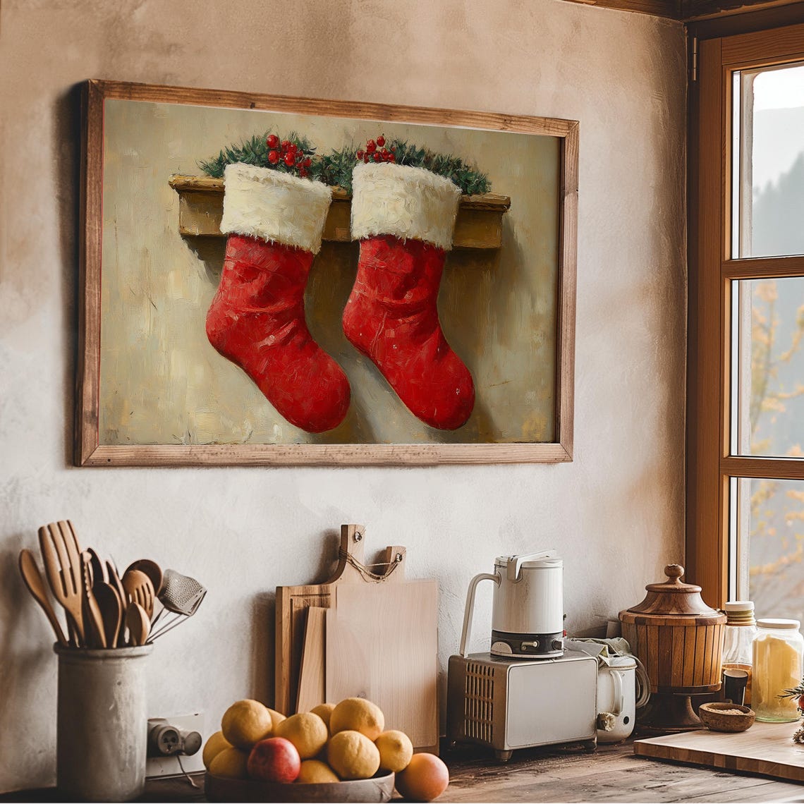 Vintage Red Christmas Stockings Hanging On Rustic Mantel Wall Poster - Image 2