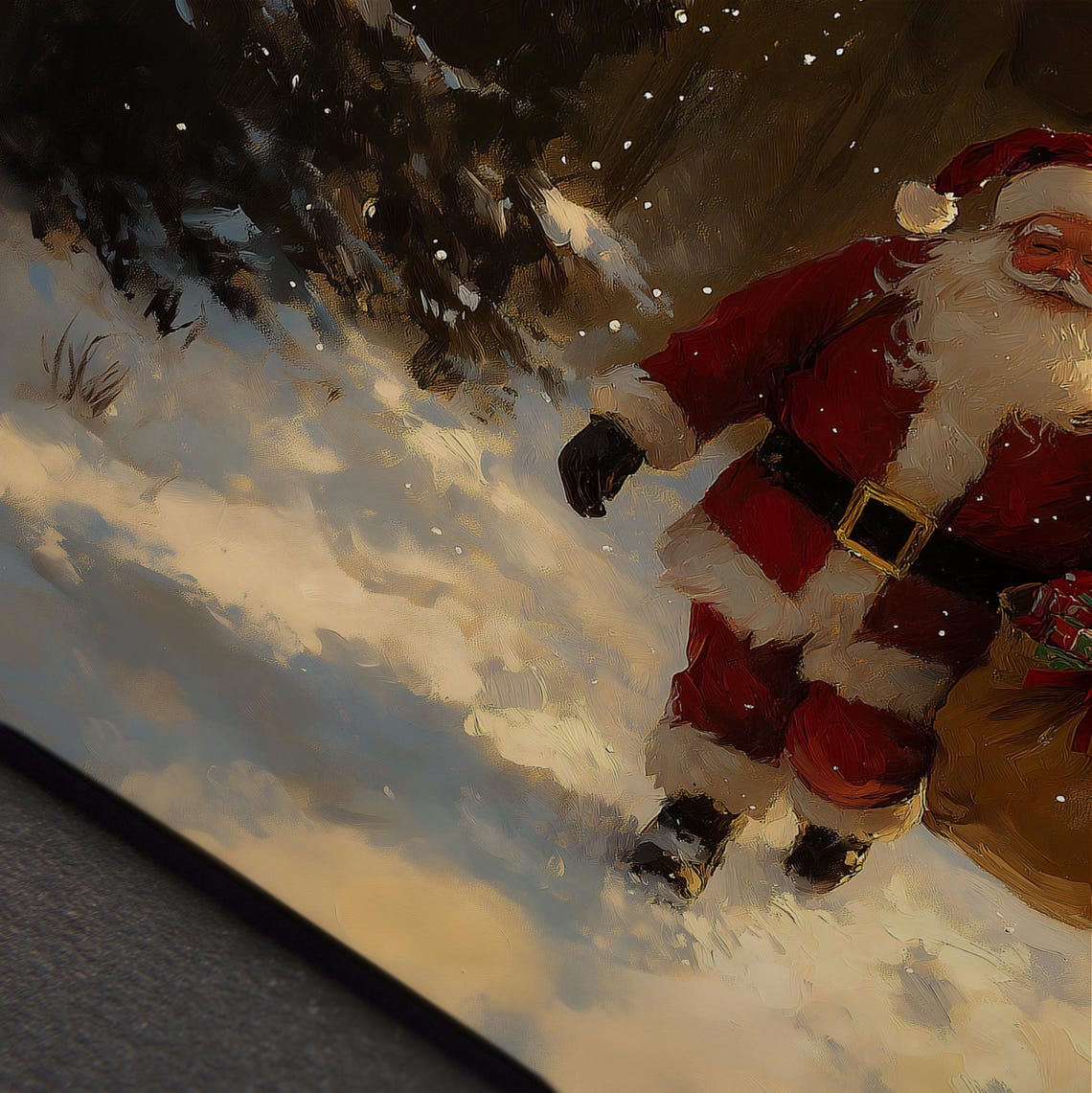 Santa With Toy Sack Snowy Night Forest Christmas Painting Wall Art - Image 4
