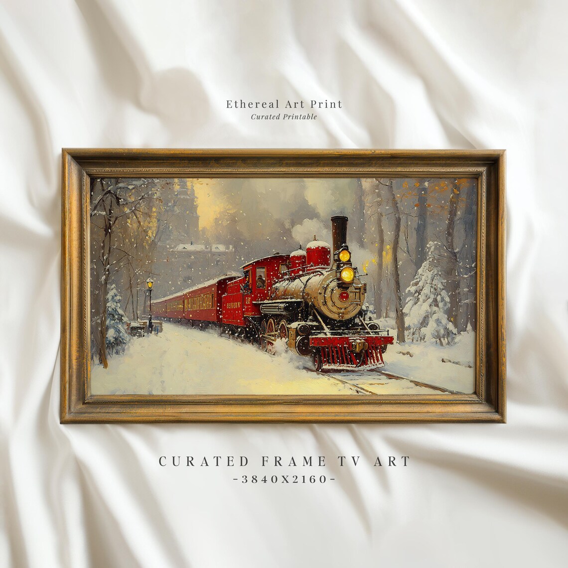 Classic Red Steam Train Snowy Forest Christmas Holiday Wall Art