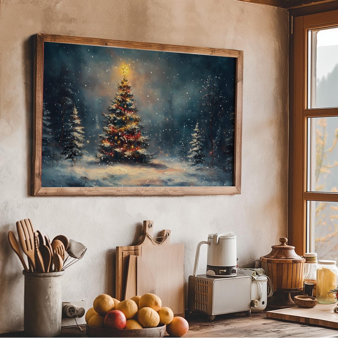 Decorated Christmas Tree With Bright Star Snowy Night Art Poster - Image 4