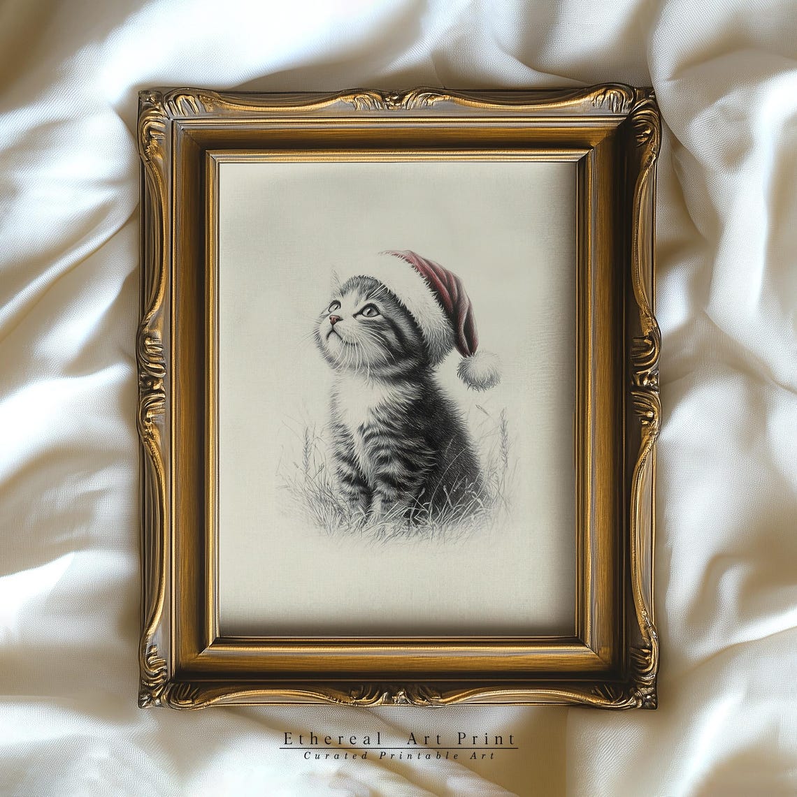 Cute Kitten With Santa Hat Sketch Print Neutral Christmas Nursery Wall Decor Vintage Winter Wall Art Cat Drawing Prints - Image 2