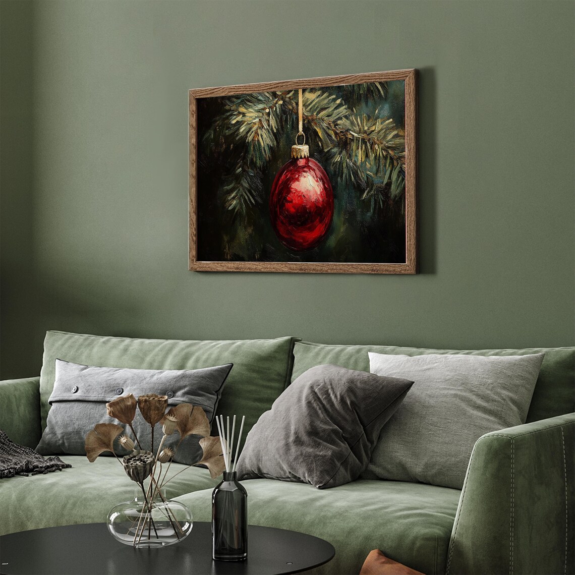Red Christmas Bauble On Pine Branch Moody Oil Painting Wall Art - Image 3