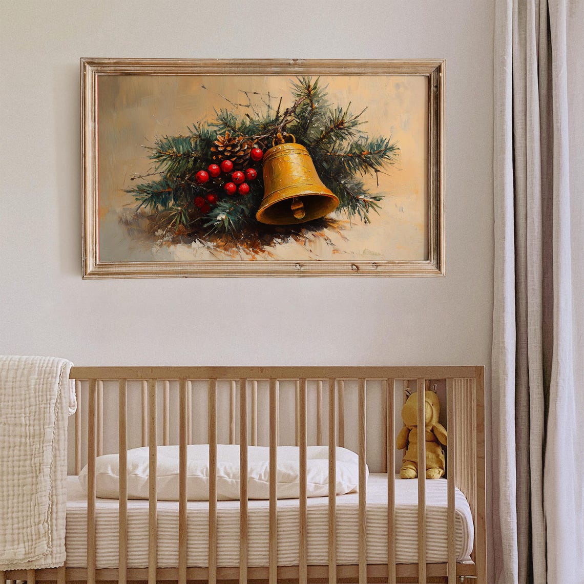 Golden Bell With Pine Branches And Red Berries Christmas Art Print - Image 4