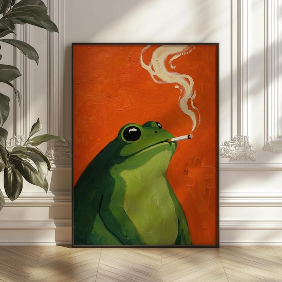 Retro Smoking Frog Poster Funny Green With Cigarette Wall Art Quirky Animal Decor Eccentric Weird Core Aesthetic Digital