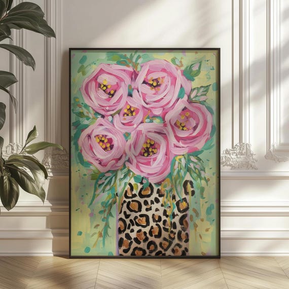 Pink Roses Leopard Vase Art Print, Maximalist Floral