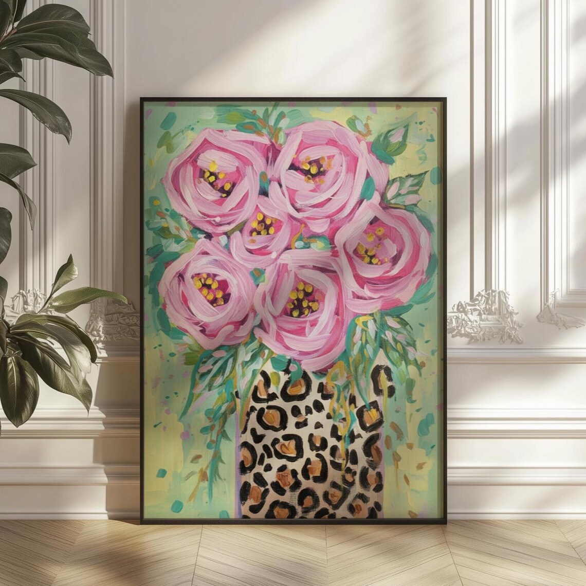 Pink Roses Leopard Vase Art Print, Maximalist Floral