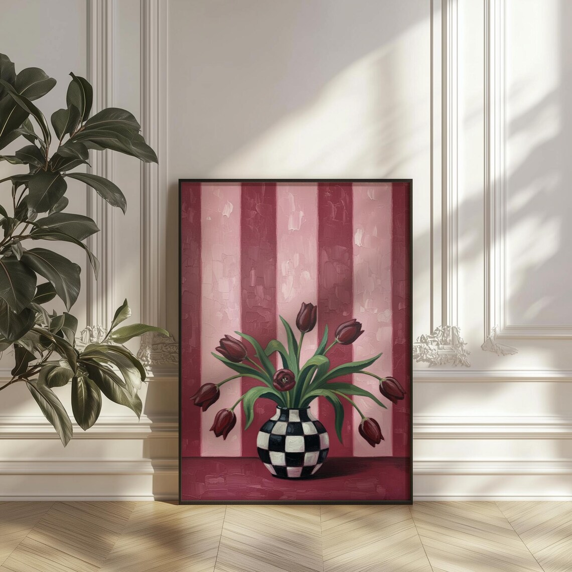 Checkerboard Vase Pink Tulip Poster Print