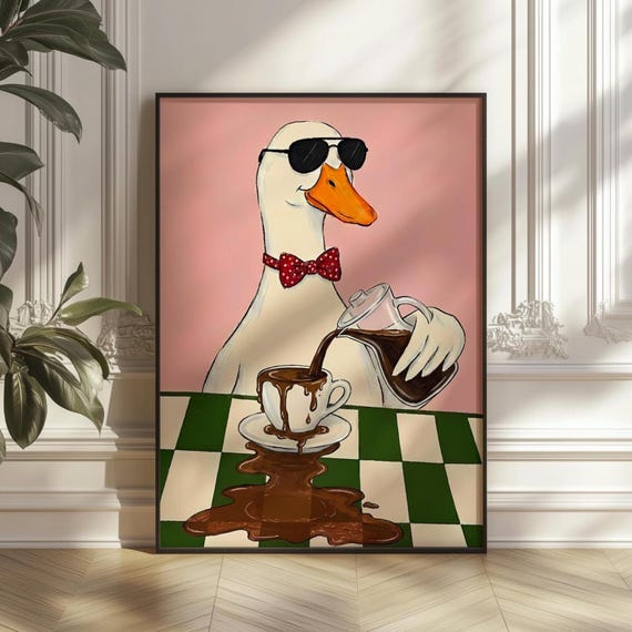 Funny Duck Coffee Print Quirky Kitchen Wall Art Retro Diner Decor Pink Cafe Digital Download