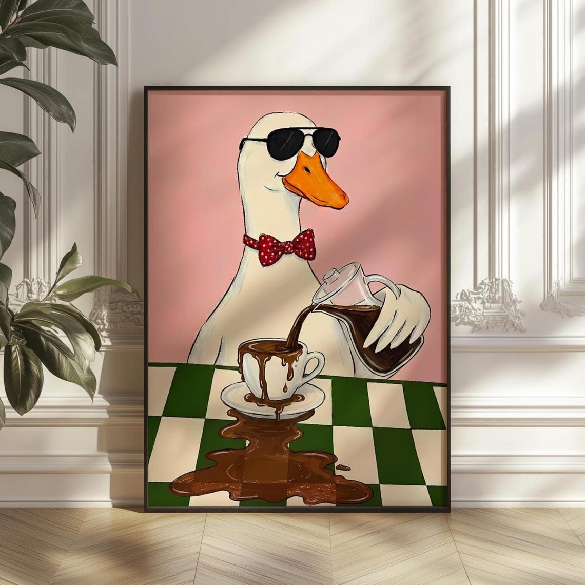 Funny Duck Sunglasses Spilling Coffee Checkerboard Kitchen Poster