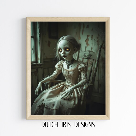 Cracked Porcelain Doll With Glowing Eyes Haunted Room Halloween Poster