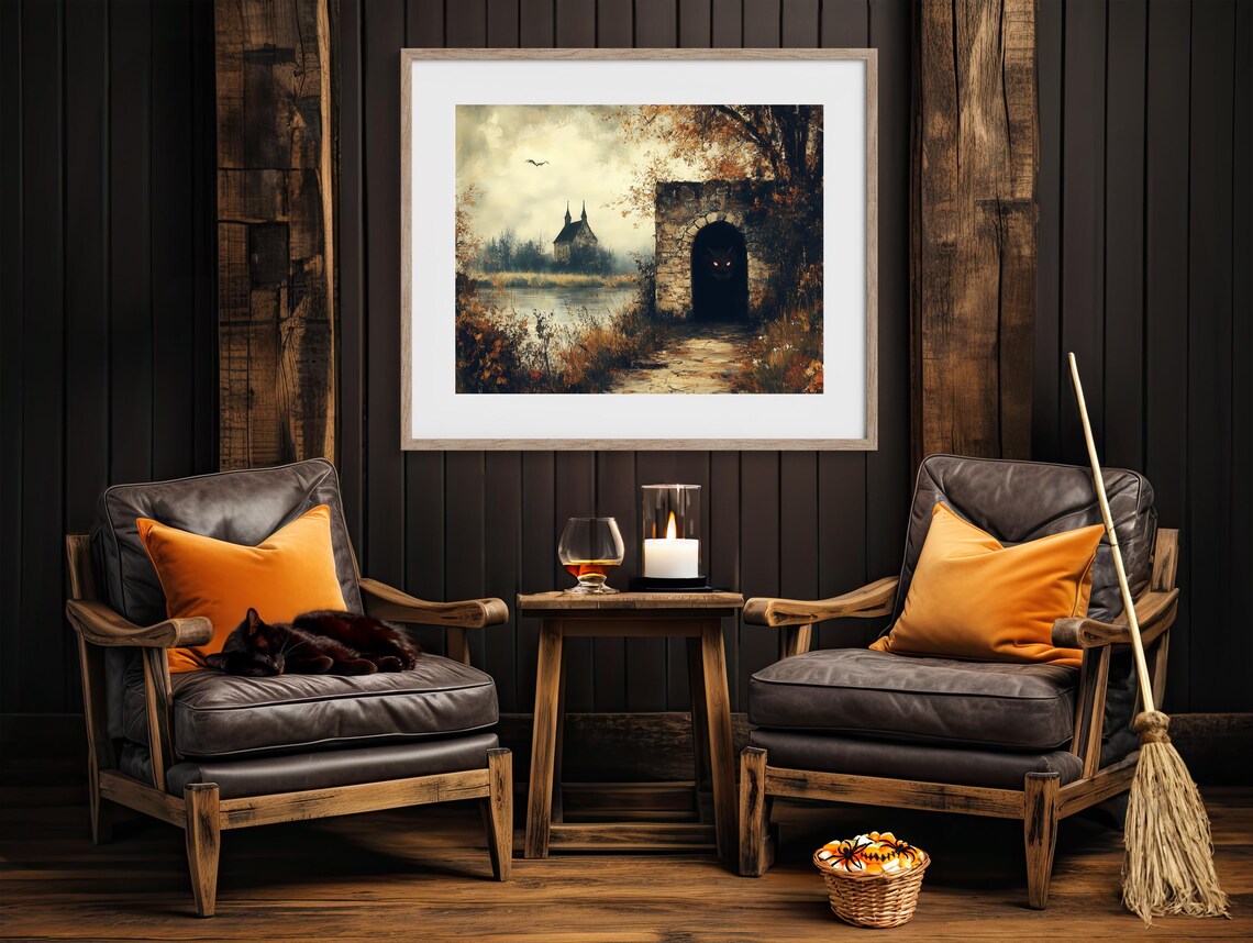 Stone Gate With Glowing Red Eyes By Autumn Lake Gothic Scene Art Poster - Image 4