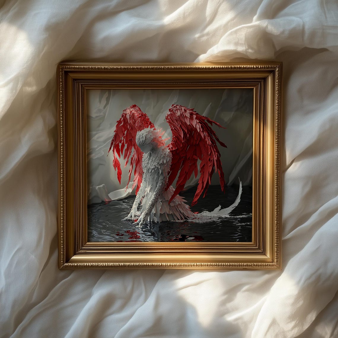 Crimson Winged Angel Rising From Dark Waters Fantasy Art Poster - Image 2