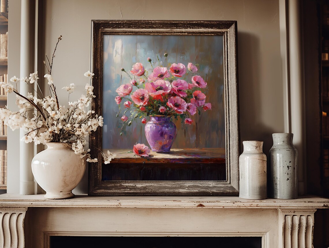 Pink Poppies In Purple Vase Impressionist Floral Oil Painting Poster - Image 3