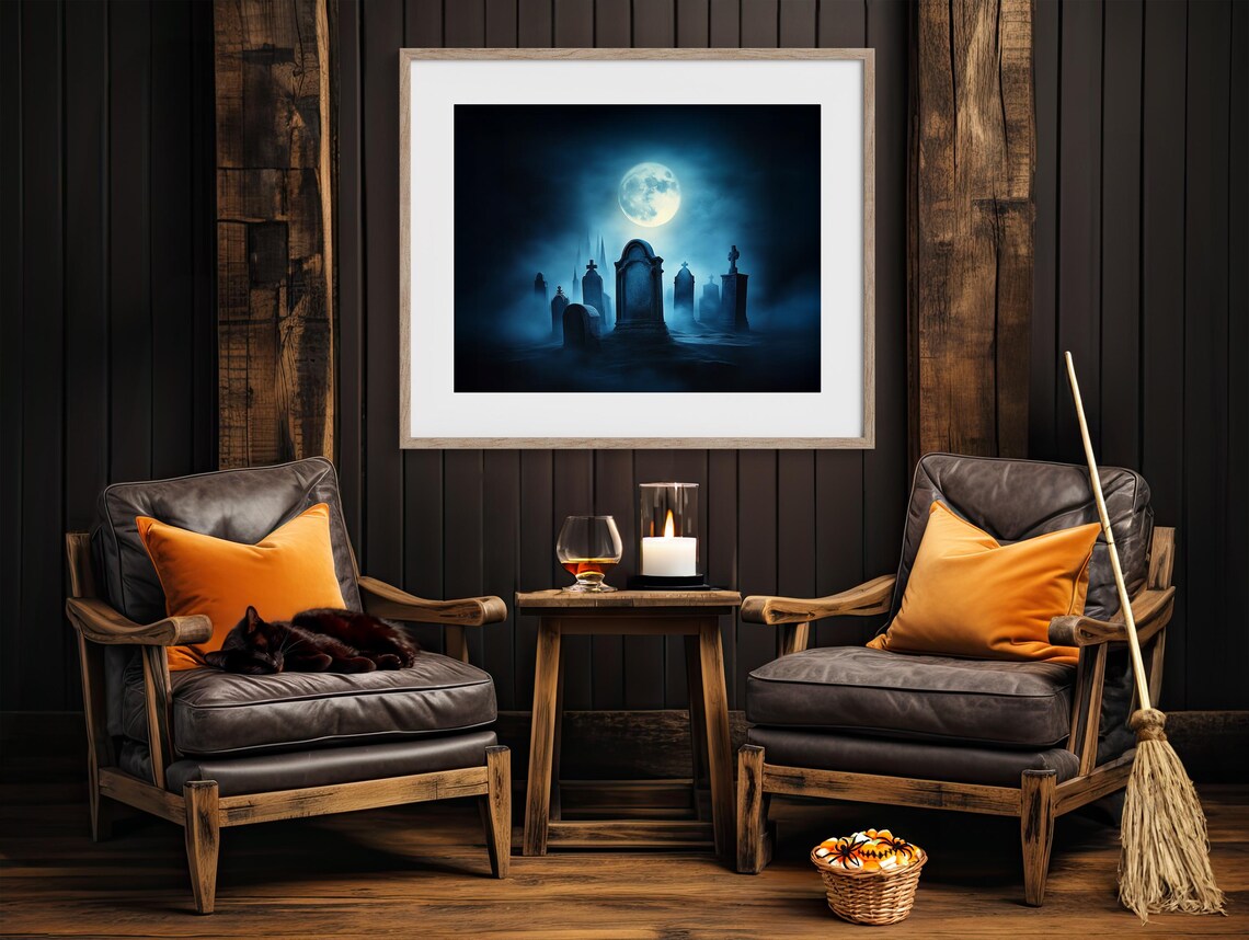 Haunted Graveyard Tombstones Under a Bright Blue Full Moon Night Poster - Image 4