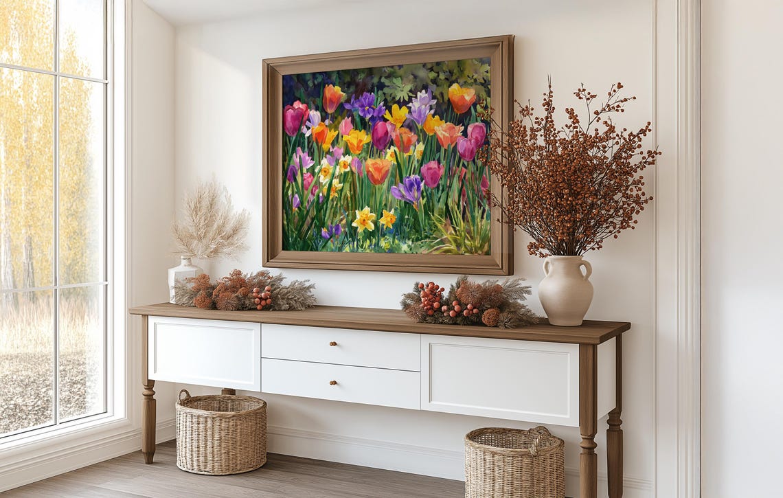 Colorful Spring Garden Blooms Tulips Daffodils Watercolor Poster - Image 3