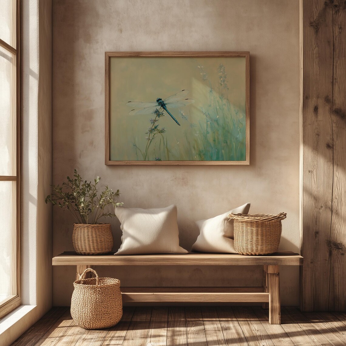 Blue Dragonfly On Wildflowers Soft Meadow Nature Oil Painting Poster - Image 4