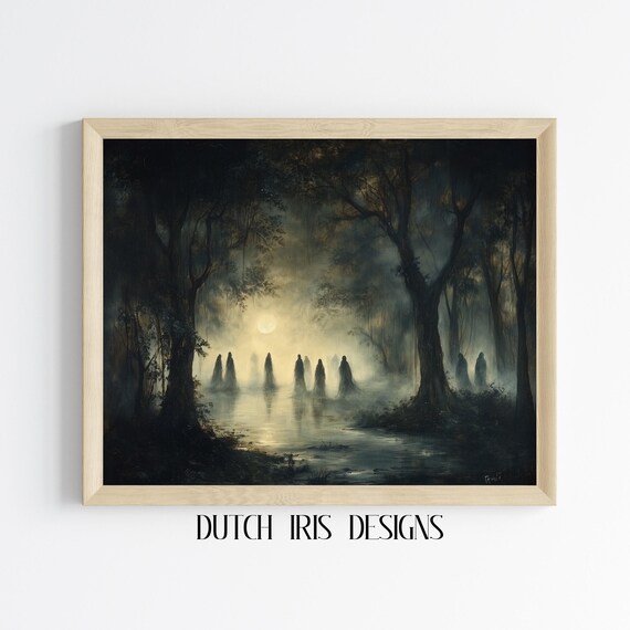 Hooded Ghost Figures Gathering In Moonlit Misty Forest Swamp Poster
