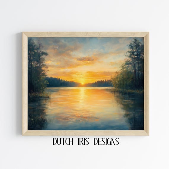 Serene Summer Sunrise Over Tranquil Lake Oil Painting Rustic Scenic Landscape Art Peaceful Wall Decor 389
