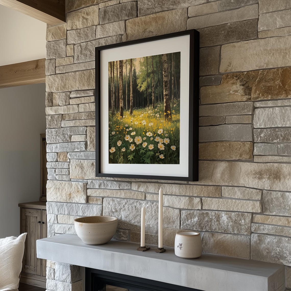 Birch Forest Meadow With Daisies Golden Sunlight Rustic Nature Poster - Image 3