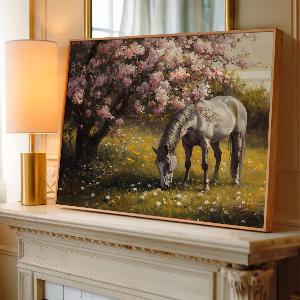 White Horse Under Blossom Tree Spring Meadow Oil Painting Poster - Image 3