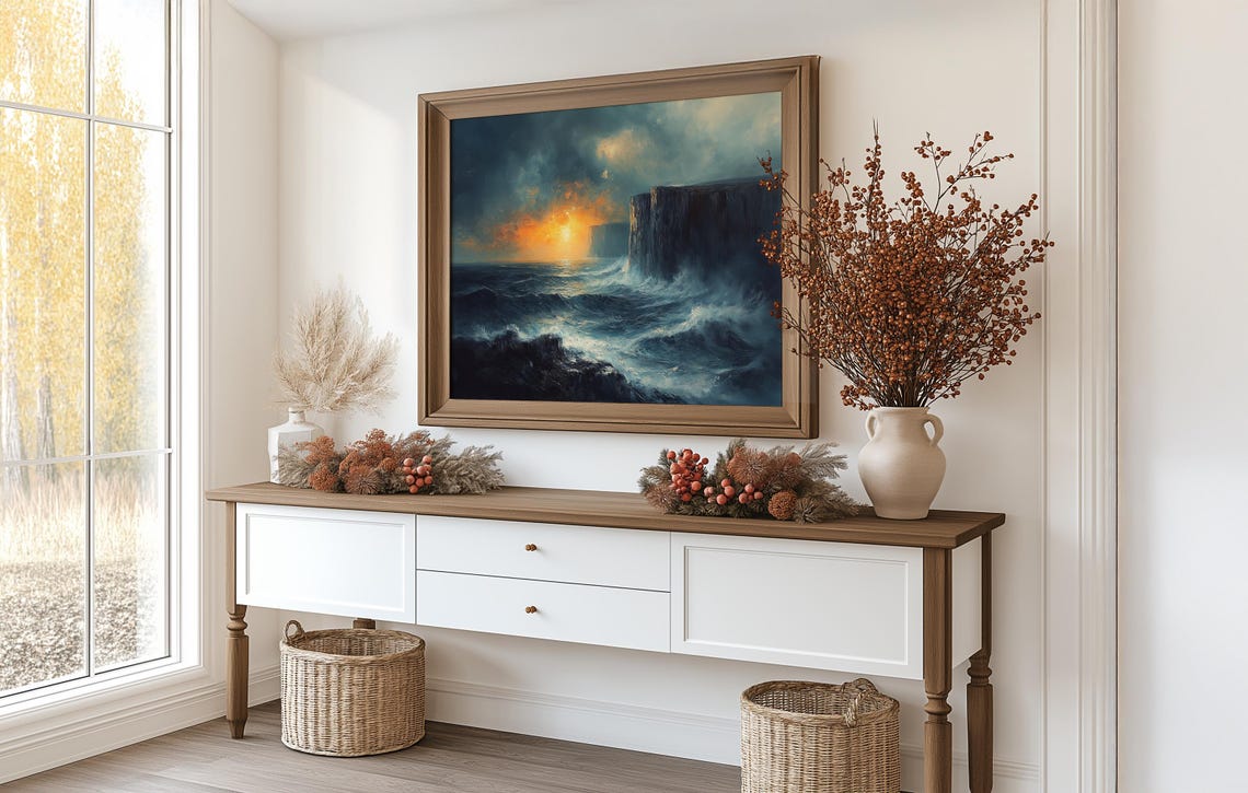 Stormy Seascape With Towering Cliffs At Sunset Moody Ocean Poster - Image 3