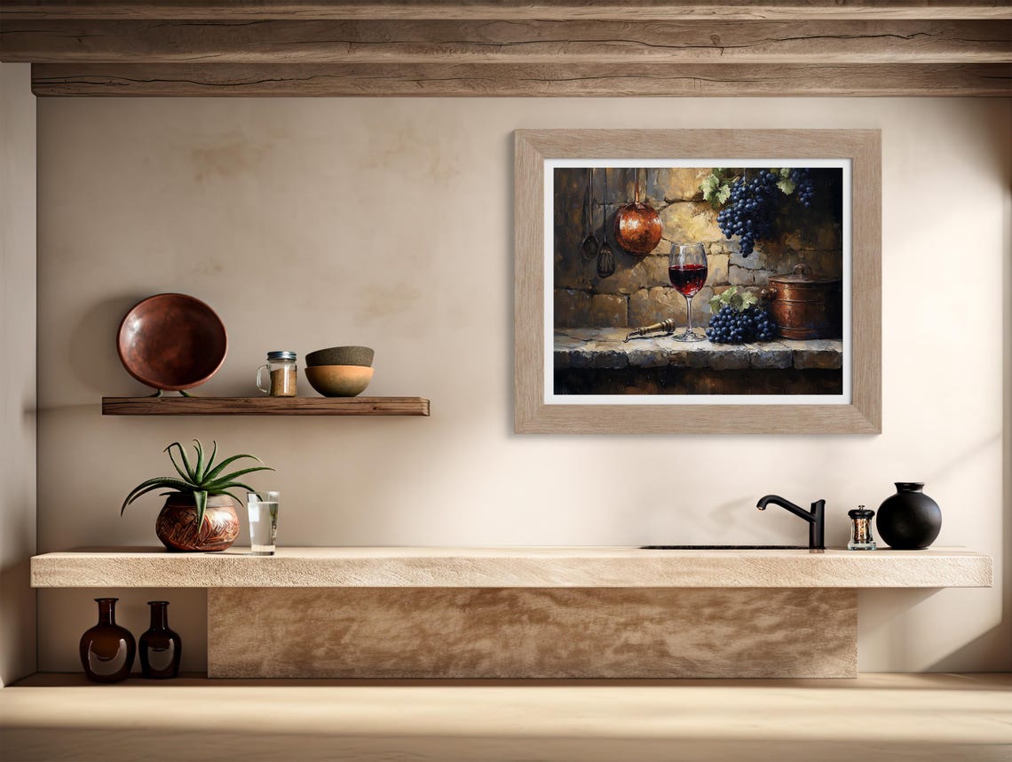 Red Wine Glass And Dark Grapes Copper Pots Rustic Kitchen Poster - Image 3