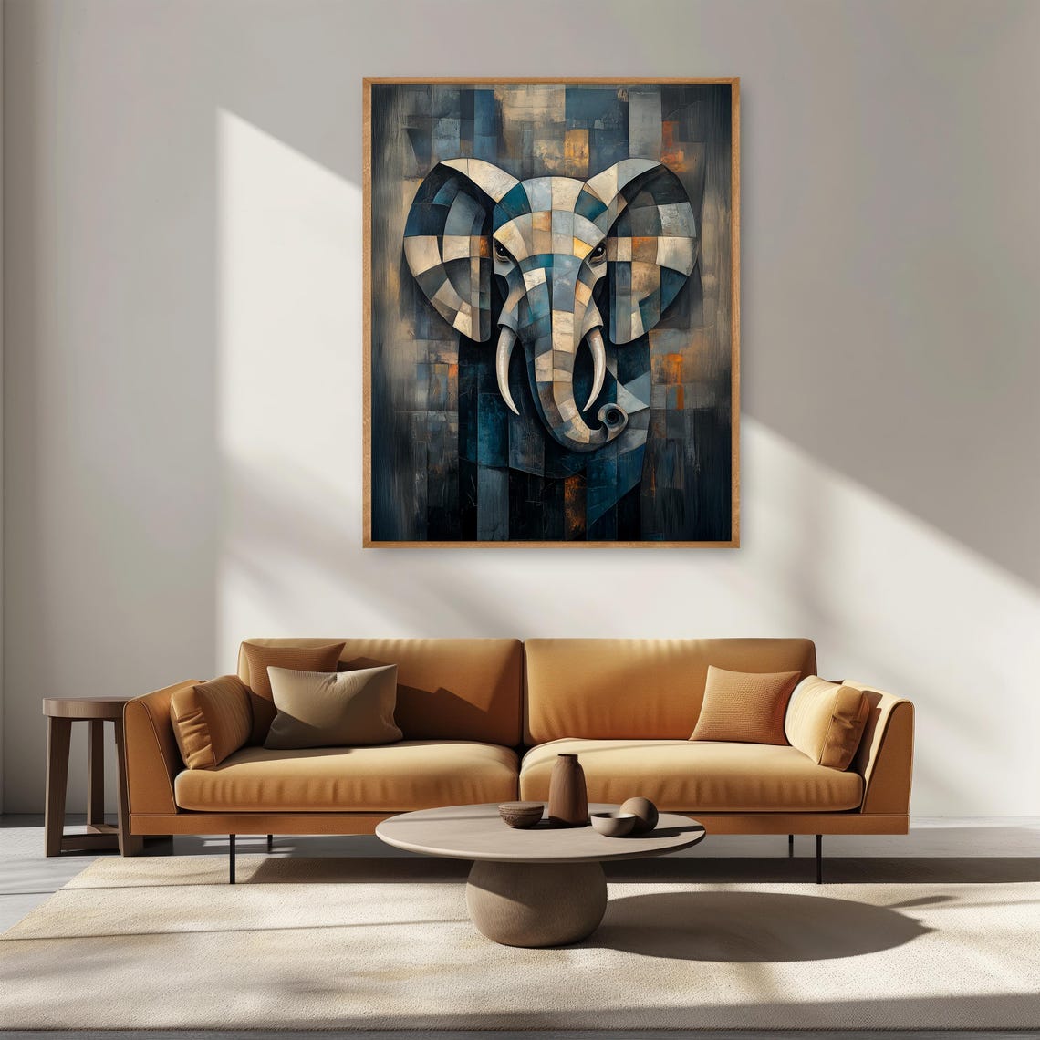 Abstract Elephant Wall Art Cubist Style Painting Rustic Modern Decor Artwork Geometric Animal Print 617 - Image 4