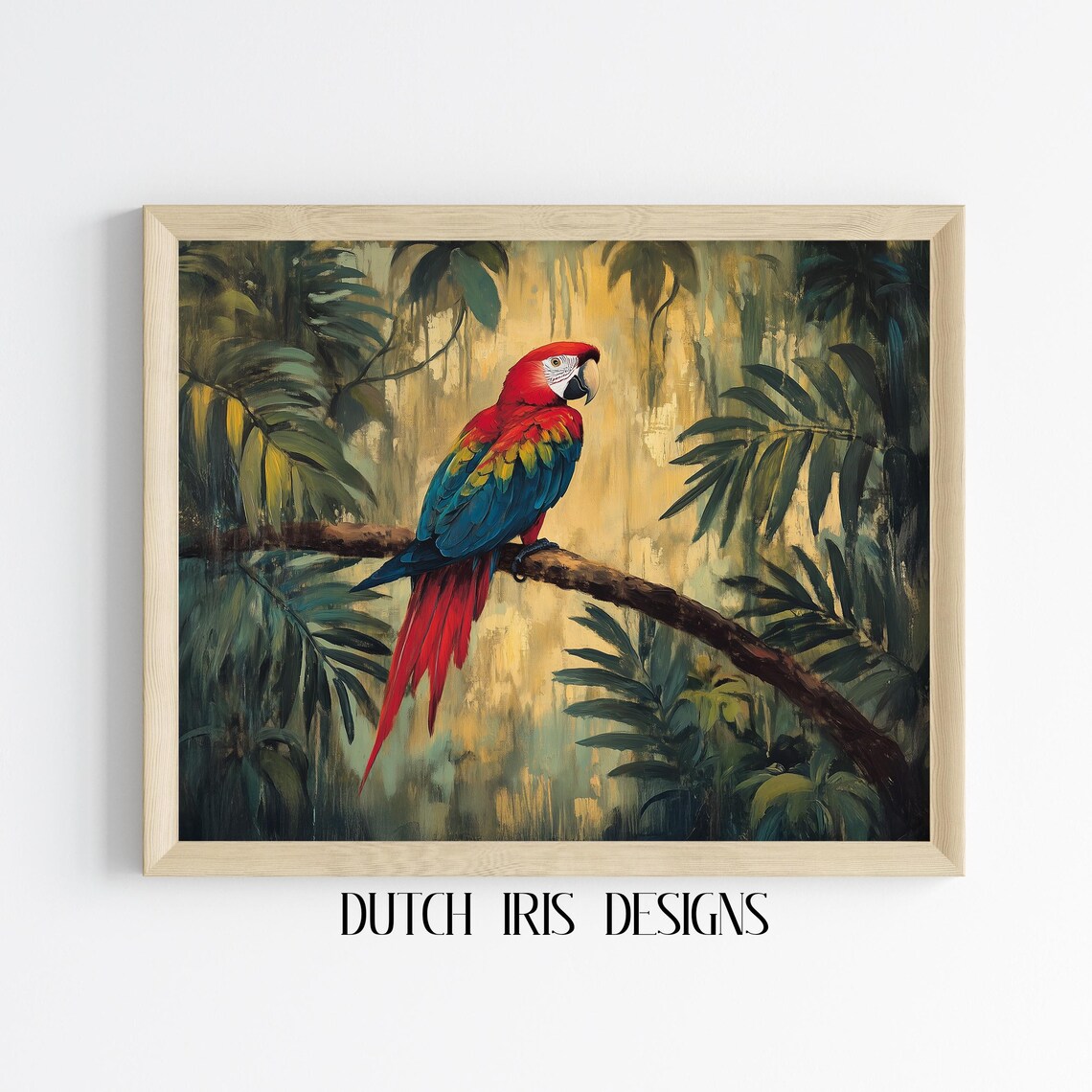 Scarlet Macaw in Lush Jungle Tropical Bird Oil Painting Poster