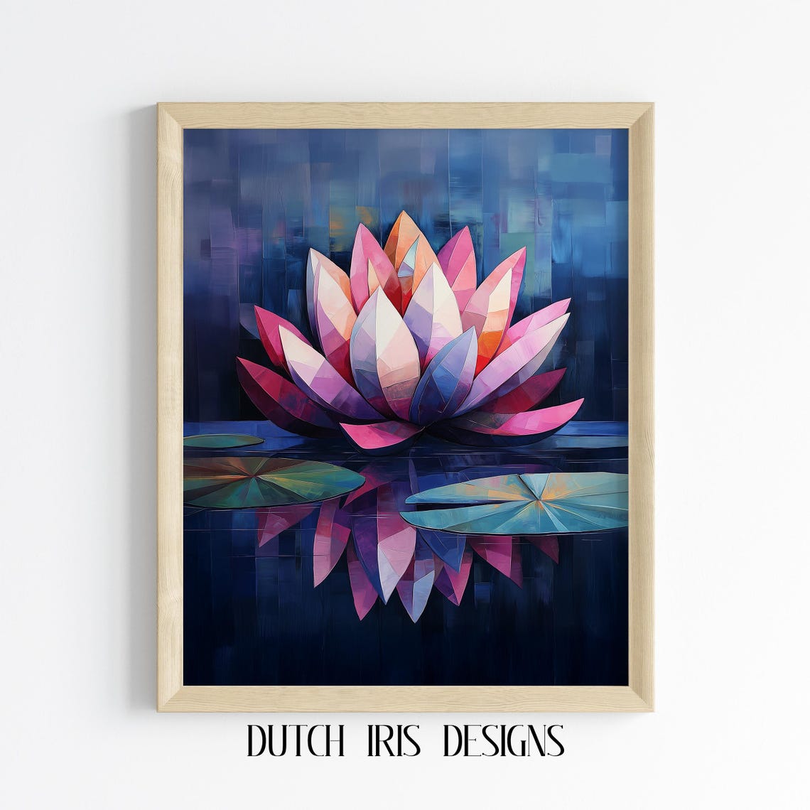 Geometric Pink Water Lily On Midnight Blue Pond Floral Poster