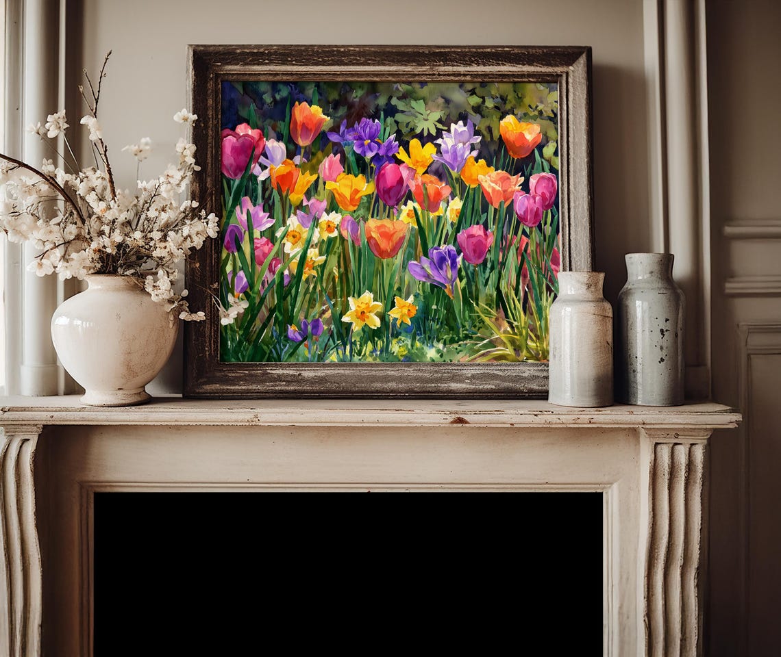 Colorful Spring Garden Blooms Tulips Daffodils Watercolor Poster - Image 4