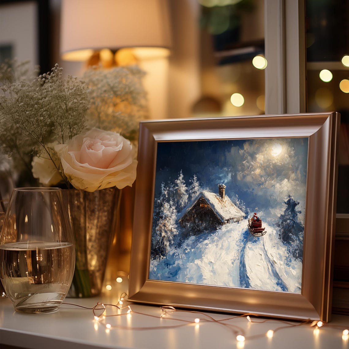 Santa Sleigh Landing on a Snowy Rooftop Cabin Under a Full Moon Poster - Image 3