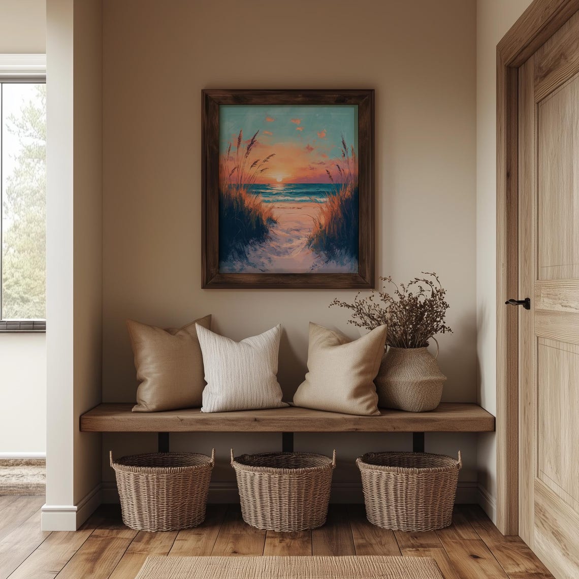 Sunset Beach Path Through Golden Dunes Serene Ocean View Art Poster - Image 4