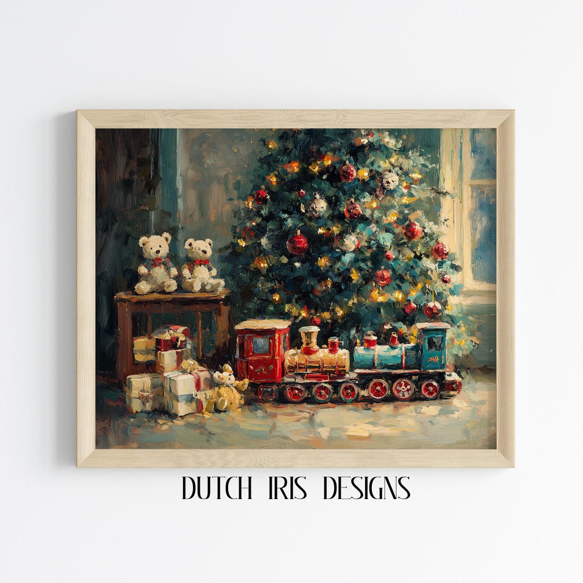 Vintage Christmas Toys Toy Train Teddy Bears by a Tree Poster